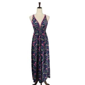 Vintage Schiesser S Line Halter V Neck Maxi Sundress Cotton Viscose Blue Pink